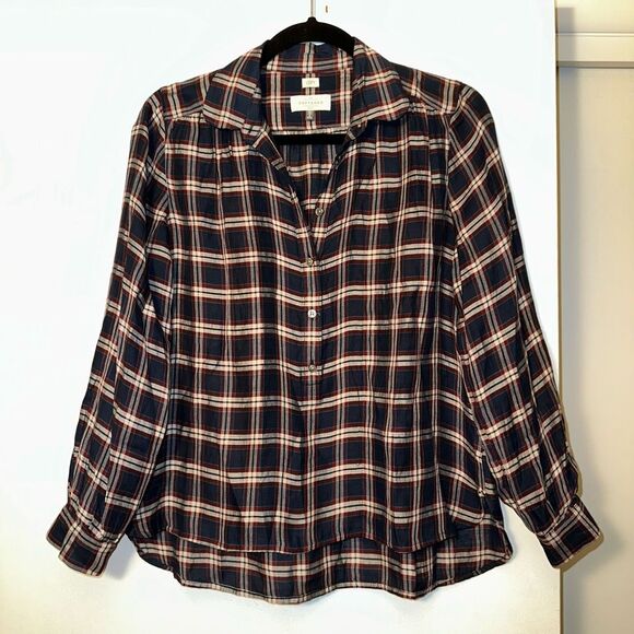 Ann Taylor LOFT SP The Softened Shirt Navy Red Plaid Half Button Collared Womens - Picture 1 of 9